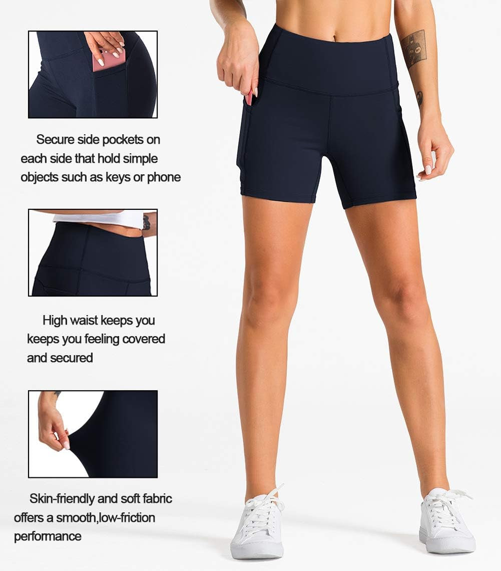 High Waist Yoga Shorts for Women with 2 Side Pockets Tummy Control Running Home Workout Shorts