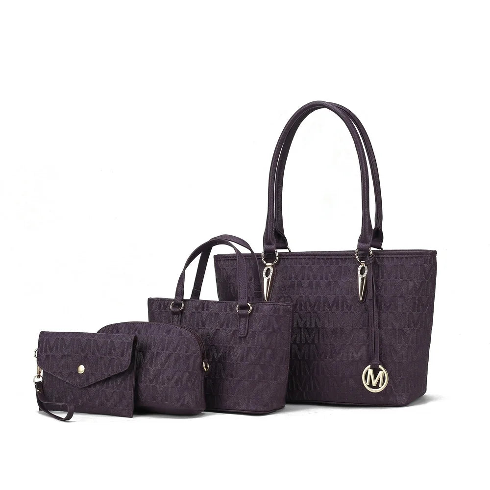 Vegan Leather Women'S Tote Bag, Small Tote Handbag, Pouch Purse & Wristlet Wallet Bag 4 Pcs Set by Mia K - Navy
