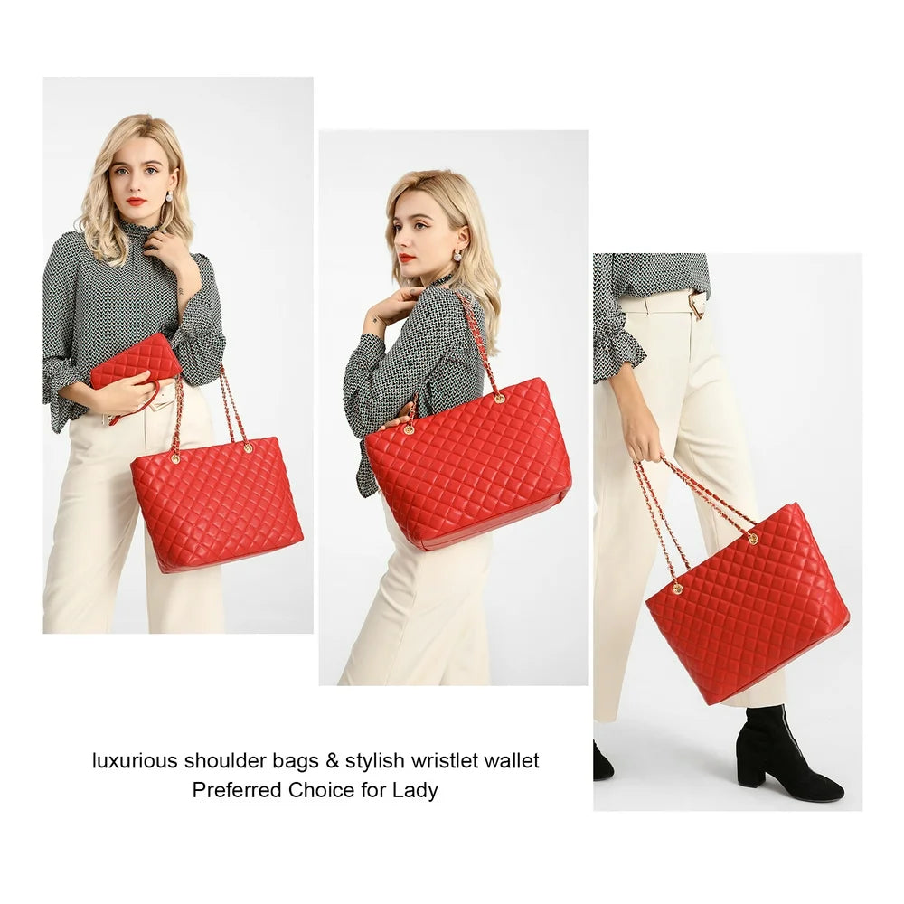 Poppy Quilted Women Handbags Purses Leather Tote Bag Satchel Wallet Set 2Pcs Chain Strap Shoulder Bag Classic