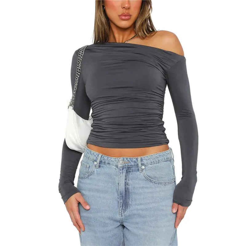 Cropped Tees Y2K Clothes for Women Solid Color O Neck Long Sleeve T Shirt 2000S Crop Tops Casual Streetwear